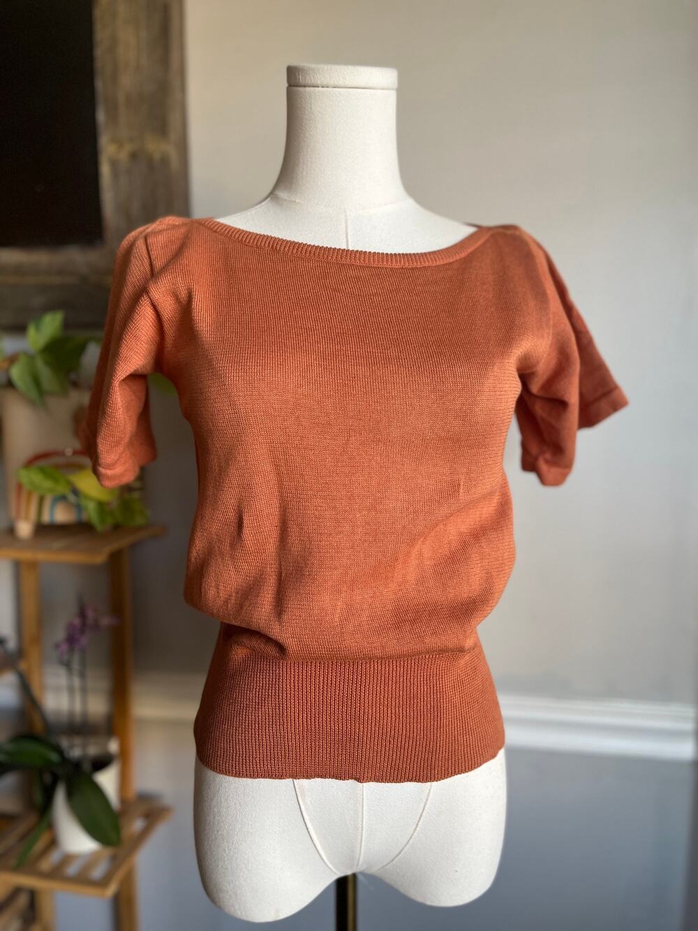 Vintage 70s Cotton Knit Blouse Yves Saint Laurent Orange Size Medium